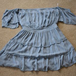 Delight Me Dusty Blue Off-the-Shoulder Tiered Mini